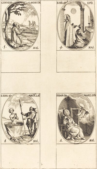 Die Bekehrung des heiligen Augustinus; Heiliger Hilarius; Heiliger Johannes vor dem lateinischen Portal; Heiliger Johannes von Damaskus von Jacques Callot