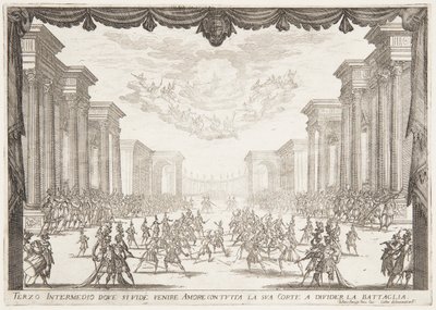 Drittes Intermezzo, Die Schlacht wird durch die Ankunft der Liebe mit ihrem Gefolge gestoppt von Jacques Callot