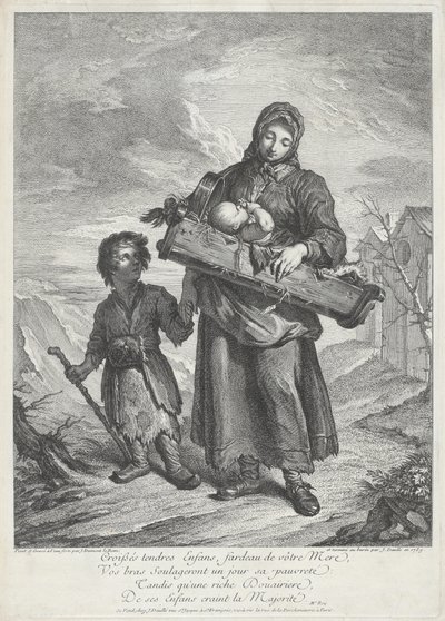 Eine junge Mutter trägt eine Wiege von Jacques Dumont Le Romain, finished by Jean Daullé