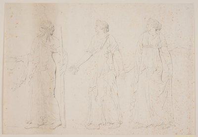 Opferhandlung (?) Drei gehende Figuren in griechischen Gewändern. Vorne ein Mann, der eine Amphore und einen Stab oder eine Fackel trägt, dahinter zwei Frauen von Jacques Francois Joseph Saly