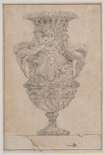 Zier-Vase mit großem Kopf, Meeresgott und Wassernymphe. Kopie nach Pl. 26 aus der Suite der 1746 von Saly gezeichneten Vasen. "Vasa a se inventa..." von Jacques Francois Joseph Saly