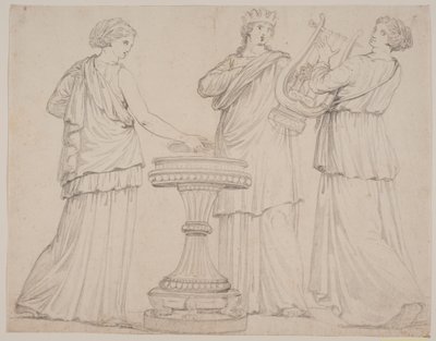 Drei Frauen in griechischen Gewändern an einem Altar. Die Frau links mit einer Tafel (?), in der Mitte mit einer Krone, rechts mit einer Lyra (Terpsichore?) von Jacques Francois Joseph Saly