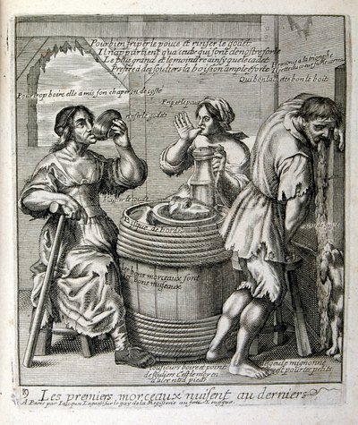 17. Jahrhundert gravierte Illustration aus einer Sammlung von Sprichwörtern. Paris 1657-1663. Von Jacques Lagniet (1620-1675). Französischer Graveur. Von ihm viele sozialkritische Gravuren und Spottbilder wie seine manchmal grotesken und fantastischen Illu von Jacques Lagniet