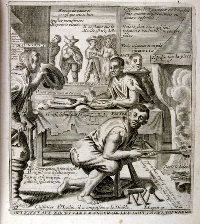 17. Jahrhundert gravierte Illustration aus einer Sammlung von Sprichwörtern. Paris 1657-1663. Von Jacques Lagniet (1620-1675). Französischer Graveur. Von ihm viele sozialkritische Gravuren und Spottbilder wie seine manchmal grotesken und fantastischen Illu von Jacques Lagniet