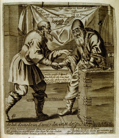 17. Jahrhundert gravierte Illustration aus einer Sammlung von Sprichwörtern. Paris 1657-1663. Von Jacques Lagniet (1620-1675). Französischer Graveur. Von ihm viele sozialkritische Gravuren und Spottbilder wie seine manchmal grotesken und fantastischen Illu von Jacques Lagniet