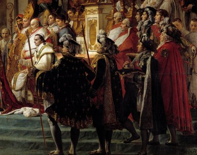 Das Ritual Napoleons. Detail, das Papst Pius VII. während der Krönung von Kaiser Napoleon I. und Kaiserin Josephine in Notre-Dame de Paris am 2. Dezember darstellt von Jacques Louis David