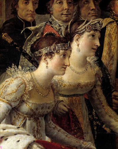 Das Ritual Napoleons. Detail, das Madame de la Rochefoucault und Madame Lavalette während der Krönung von Kaiser Napoleon I. und Kaiserin Josephine in Notre-Dame de Paris am 2. Dezember darstellt von Jacques Louis David