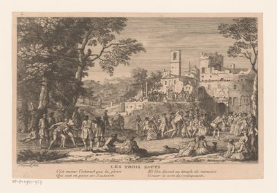 Landschaft mit Gruppe von Menschen, die einem Weitsprungwettbewerb zuschauen von Jacques Rigaud