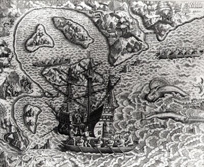 Johannes Staden kommt auf einer unbekannten Insel an und findet die Portugiesen bereits dort, aus Americae, 1593, geschrieben und graviert von Theodor de Bry (1528-98) von Jacques d.158788 after Le Moyne