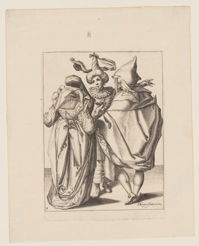 Ein Paar spricht mit einem gestikulierenden jungen Mann, aus Die Maskeraden von Jacques de Gheyn II
