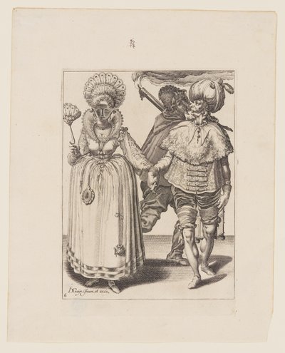 Mann mit Turban führt eine Frau mit Pfauenfedern, hinter ihnen ein Fackelträger, aus Die Maskeraden von Jacques de Gheyn II