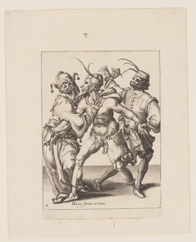 Drei tanzende Mummern, darunter ein Narr, aus Die Maskeraden von Jacques de Gheyn II