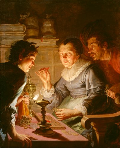 Een geldwegende oude vrouw: allegorie op de Gierigheid von Jacques de l