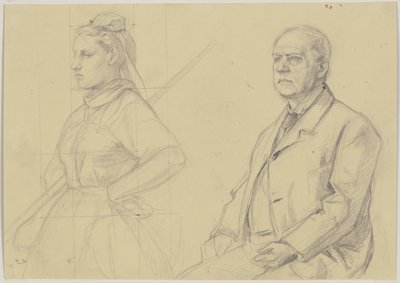 Studienblatt: Sitzender Herr und Bauernmädchen in Halbfigur von Jakob Becker