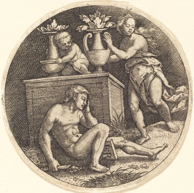 Jugend schläft vor einem Altar von Jakob Binck