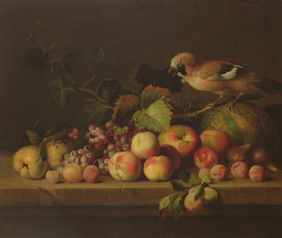 Stillleben mit Früchten, einem Eichelhäher und einem Papagei von Jakob Bogdani or Bogdany