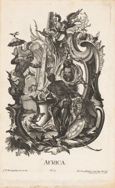Rocaille mit der Personifikation des Kontinents Afrika. Die vier Kontinente von Jakob Gottlieb Thelott