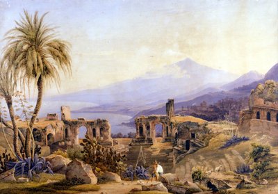 Taormina in Sizilien: die Ruinen und der Ätna. Gemälde von Jacob Suter, um 1850 von Jakob Suter
