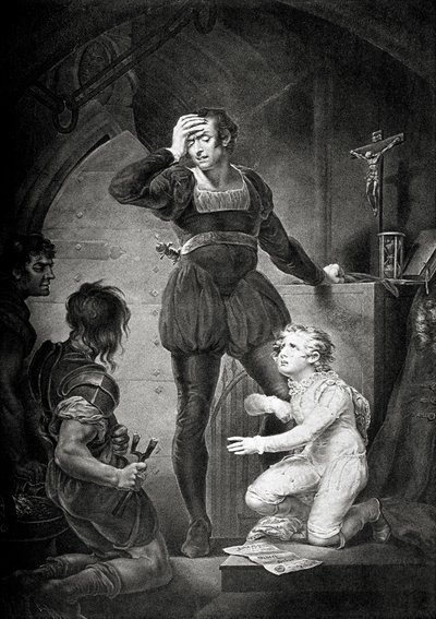 König Johann. Akt IV, Szene I: Hubert mit Arthur im Gefängnis von James (after) Northcote