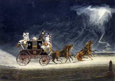 Die Postkutsche in einem Gewitter, graviert von R.G. Reeve von James (after) Pollard