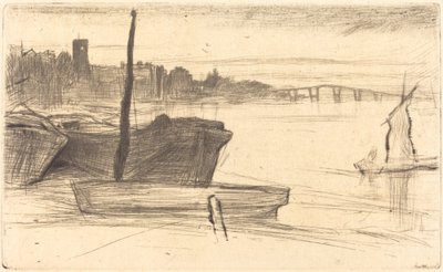Chelsea-Brücke und Kirche, ca. 1870-1871 von James Abbott McNeill Whistler