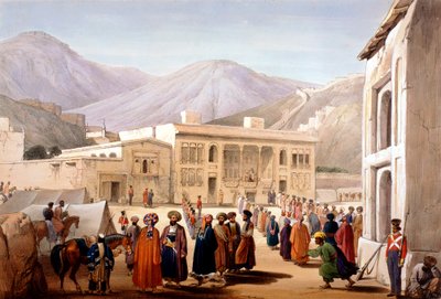 Shah Shoja, Marionette der Briten, hält einen Durbar in Kabul, Erster Anglo-Afghanischer Krieg, 1838-1842 von James Atkinson