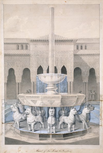 Brunnen im Löwenhof, Alhambra, aus The Arabian Antiquities of Spain, veröffentlicht 1815 (handkolorierte Gravur) von James Cavanagh Murphy