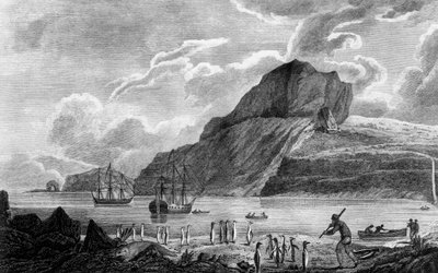 Kerguelen-Insel, Blick auf die Weihnachtsbucht, Zeichnung von William Hodges, Kupferstich von William Watts, Illustration aus Reise zum Südpol und um die Welt, von James Cook, Ausgabe veröffentlicht in Paris 1778 von James Cook