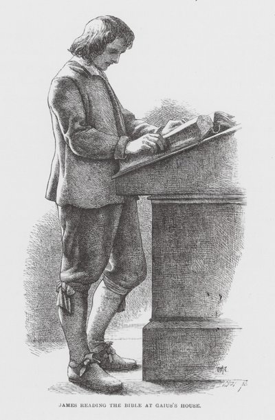 James liest die Bibel im Haus von Gaius von James Dawson Watson