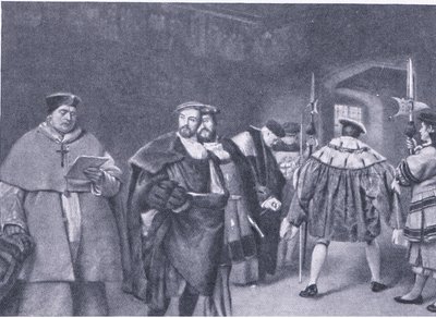 Entlassung von Kardinal Wolsey durch König Heinrich VIII, aus Cassells Geschichte des britischen Volkes, veröffentlicht von der Waverley Book Company, ca. 1950er Jahre von James Dromgole Linton