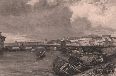 Ansicht des Arno-Flusses in Pisa, Toskana, Italien, Stahlstich von Thomas Higham nach einer Zeichnung von James Duffield Harding von James Duffield Harding