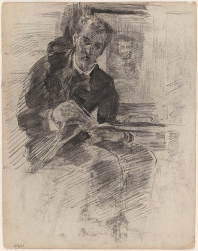 Lesender Mann (tatsächlich: Willy Finch, an einem Tisch sitzend, Palette und Pinsel in der Hand) von James Ensor