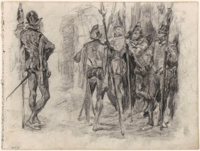 Skizzen von Charakteren und fünf spanische Soldaten mit Lanzen von James Ensor
