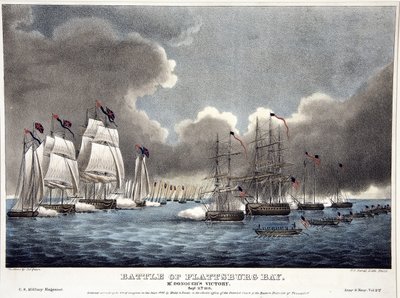 Schlacht von Plattsburg Bay: McDonoughs Sieg, veröffentlicht 1840 (handkolorierter Stich) von James Fuller Queen