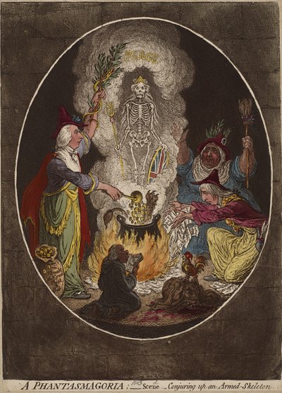 Eine Phantasmagorie; - Szene - Heraufbeschwörung eines bewaffneten Skeletts, 5. Januar 1803 von James Gillray