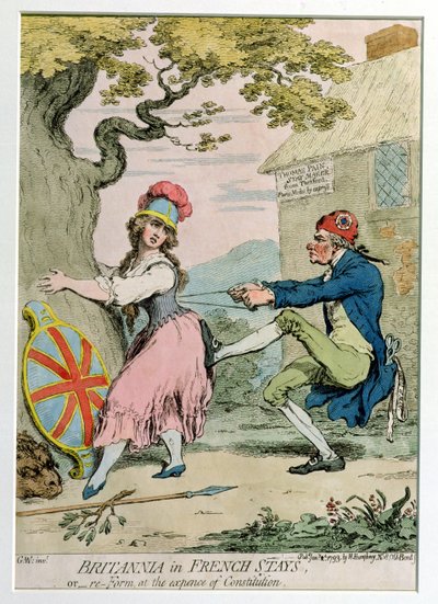 Britannia in französischen Korsetts, oder Reform auf Kosten der Verfassung, veröffentlicht von Hannah Humphrey 1793 (handkolorierte Radierung) von James Gillray