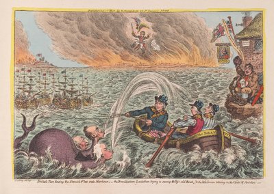 Britische Matrosen schleppen die dänische Flotte in den Hafen: der breite Leviathan versucht Billys altes Boot zu versenken, & der kleine Korsikaner schwankt auf den Wolken des Ehrgeizes von James Gillray