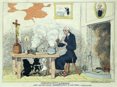 Cincinnatus im Ruhestand, veröffentlicht 1782 (handkolorierte Gravur) von James Gillray