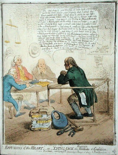 Herzergüsse, oder Lügner Jack der Schmied bei der Beichte, veröffentlicht von Hannah Humphrey im Jahr 1795 für die Philanthropische Gesellschaft von James Gillray