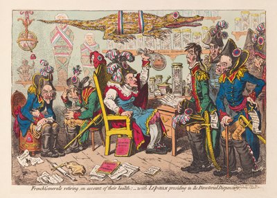 Französische Generäle treten aus gesundheitlichen Gründen zurück:- mit Lepaux, der in der Direktoriumsapotheke vorsitzt, veröffentlicht 1799 (handkolorierte Gravur) von James Gillray
