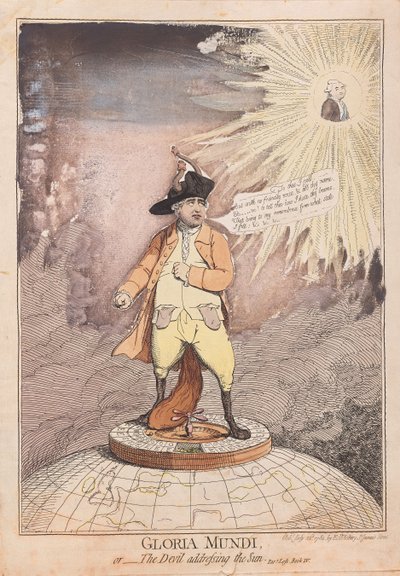 Gloria Mundi oder der Teufel spricht zur Sonne, veröffentlicht 1782 (handkolorierter Stich) von James Gillray