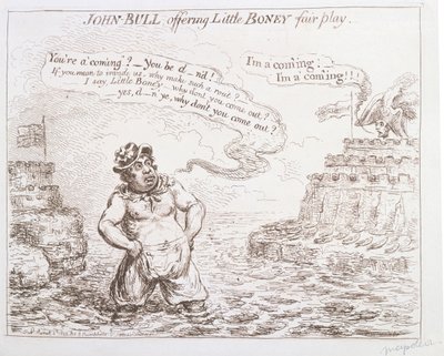 John Bull bietet Little Boney fair play an, veröffentlicht von Hannah Humphrey im Jahr 1803 von James Gillray