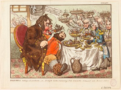 John Bull beim Mittagessen: oder britische Köche, die Old Grumble-Gizzard mit Bonne Chere stopfen von James Gillray