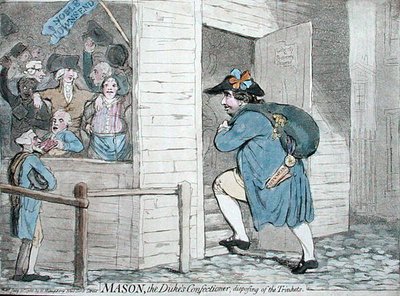 Mason, der Konditor des Herzogs, der die Schmuckstücke verteilt, veröffentlicht von Hannah Humphrey im Jahr 1788 von James Gillray