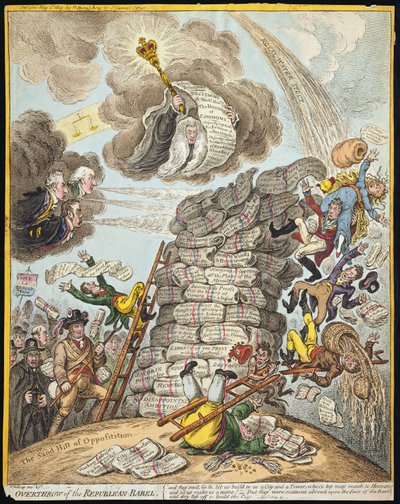 Sturz des republikanischen Babels, veröffentlicht von Hannah Humphrey im Jahr 1809 (handkolorierte Radierung) von James Gillray