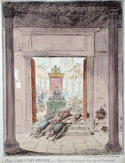 Parlamentarische Reform, oder Oppositionsratten verlassen das Haus, das sie untergraben haben, veröffentlicht von Hannah Humphrey im Jahr 1797 von James Gillray