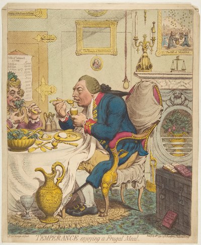 Mäßigkeit genießt eine bescheidene Mahlzeit, 28. Juli 1792 von James Gillray