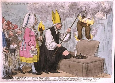 Die Hose des Bischofs von Tun, oder Der flammende Eveque reinigt das Aborthäuschen, veröffentlicht von Hannah Humphrey 1792 von James Gillray