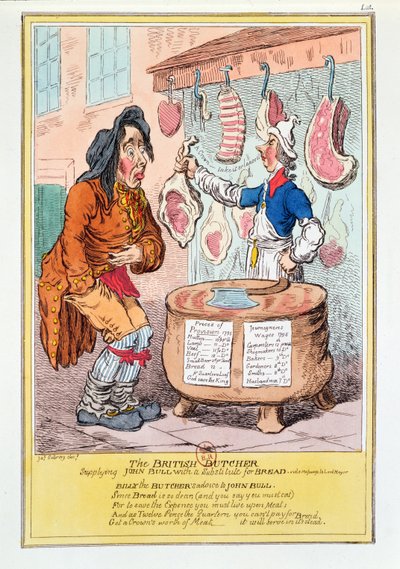 Der britische Metzger versorgt John Bull mit einem Ersatz für Brot, 1795 von James Gillray