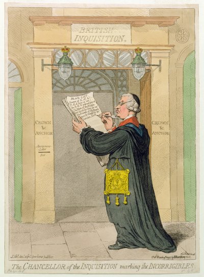 Der Kanzler der Inquisition markiert die Unverbesserlichen, veröffentlicht von Hannah Humphrey 1793 von James Gillray